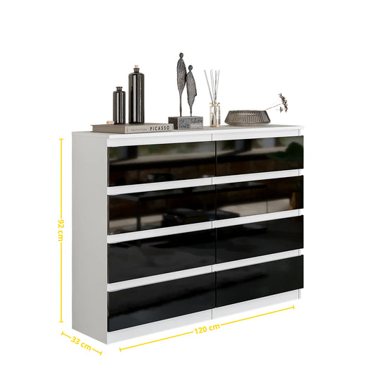 GABRIEL - Kommode / Sideboard mit 8 Schubladen - Weiß Matt / Schwarz Gloss H92cm W120cm D33cm – Furnica