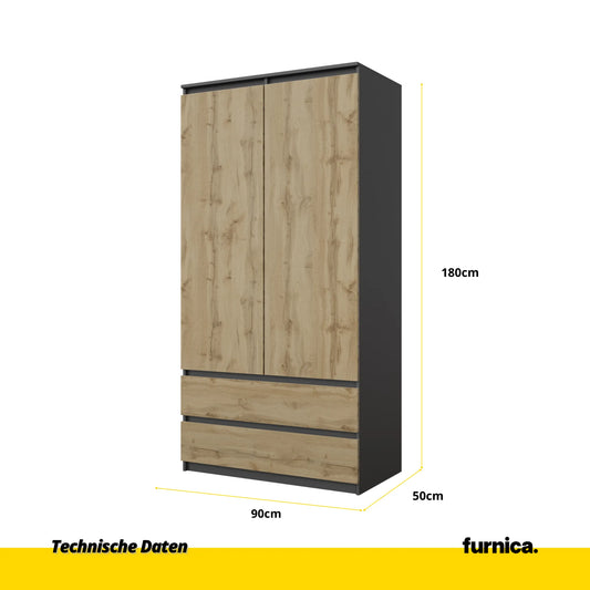 JOELLE - Kleiderschrank mit 2 Türen und 2 Schubladen - Anthrazit Grau / Wotan Eiche H180cm B90cm T50cm – Furnica
