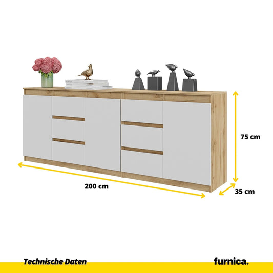 MIKEL - Kommode mit 6 Schubladen und 3 Türen - Schlafzimmer Kommode Aufbewahrung Schrank Sideboard - Wotan Eiche / Weiß Matt H75cm B200cm T35cm – Furnica