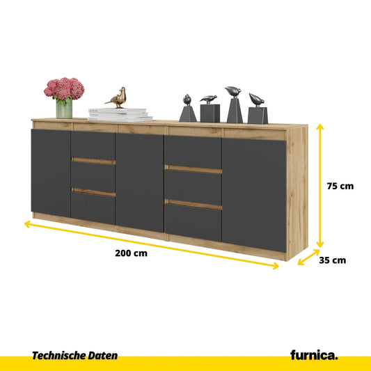 MIKEL - Kommode mit 6 Schubladen und 3 Türen - Schlafzimmer Kommode Aufbewahrung Schrank Sideboard - Wotan Eiche / Anthrazit H75cm B200cm T35cm – Furnica