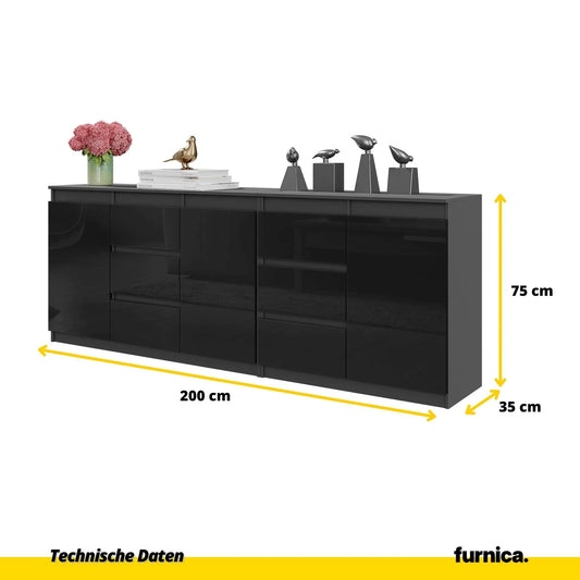 MIKEL - Kommode mit 6 Schubladen und 3 Türen - Schlafzimmer Kommode Aufbewahrungsschrank Sideboard - Anthrazit / Schwarz Glanz H75cm B200cm T35cm – Furnica