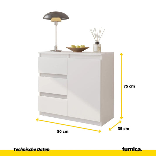 MIKEL - Kommode / Sideboard mit 3 Schubladen und 1 Tür - Weiß Matt H75cm B80cm T35cm – Furnica