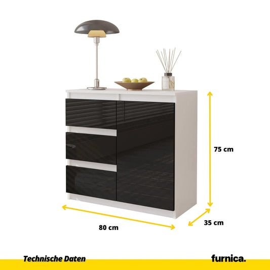 MIKEL - Kommode / Sideboard mit 3 Schubladen und 1 Tür - Weiß Matt / Schwarz Gloss H75cm B80cm T35cm – Furnica