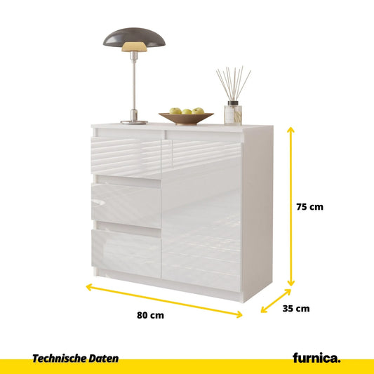 MIKEL - Kommode / Sideboard mit 3 Schubladen und 1 Tür - Weiß Matt / Weiß Gloss H75cm B80cm T35cm – Furnica