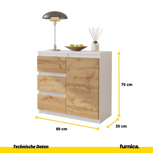 MIKEL - Kommode / Sideboard mit 3 Schubladen und 1 Tür - Weiß Matt / Wotan Eiche H75cm B80cm T35cm – Furnica