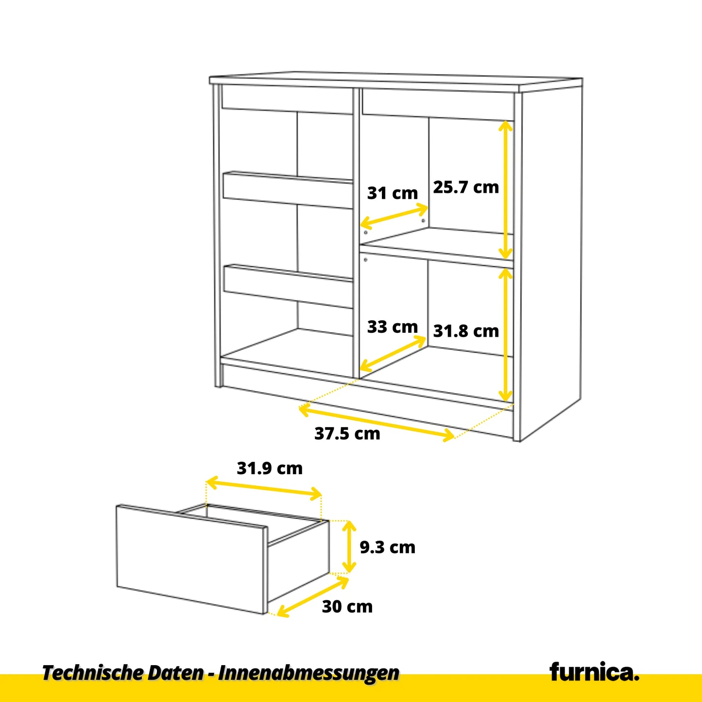 MIKEL - Kommode / Sideboard mit 3 Schubladen und 1 Tür - Wotan Eiche / Weiß Matt H75cm B80cm T35cm – Furnica
