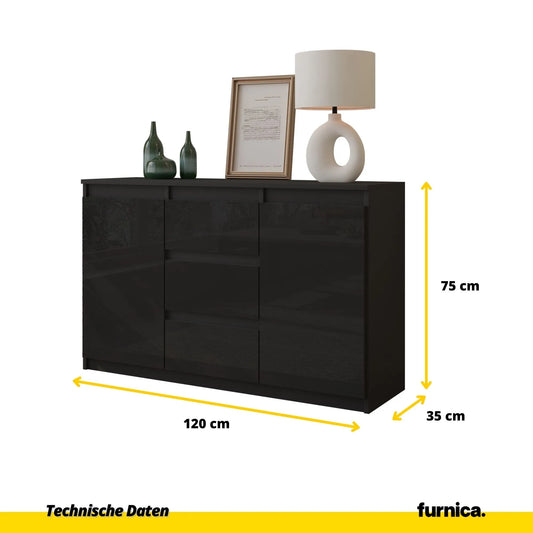 MIKEL - Kommode / Sideboard mit 3 Schubladen und 2 Türen - Anthrazit Grau / Schwarz Gloss H75cm B120cm T35cm – Furnica