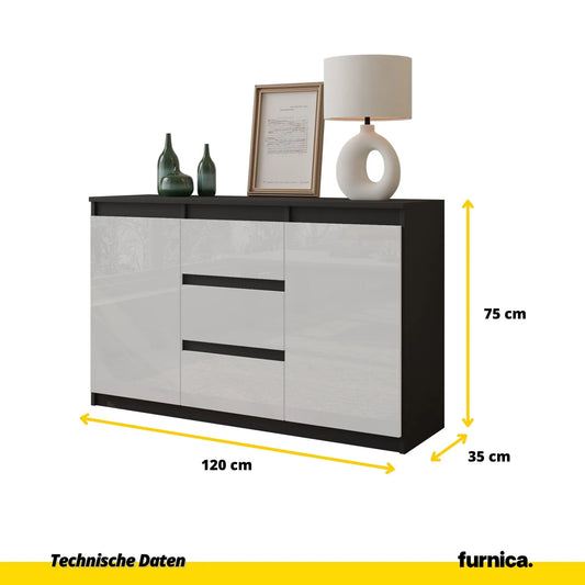 MIKEL - Kommode / Sideboard mit 3 Schubladen und 2 Türen - Anthrazit Grau / Weiß Gloss H75cm B120cm T35cm – Furnica