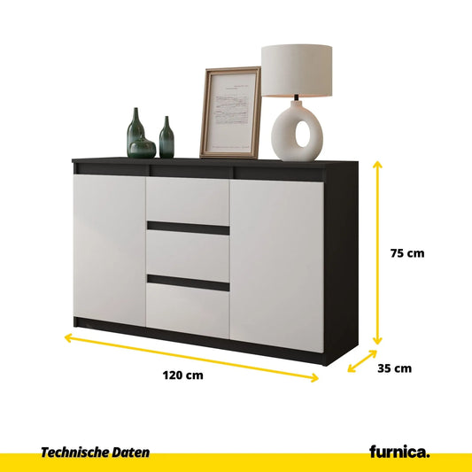 MIKEL - Kommode / Sideboard mit 3 Schubladen und 2 Türen - Anthrazit Grau / Weiß Matt H75cm B120cm T35cm – Furnica