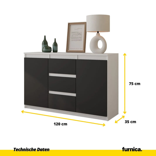 MIKEL - Kommode / Sideboard mit 3 Schubladen und 2 Türen - Weiß Matt / Anthrazit Grau H75cm B120cm T35cm – Furnica