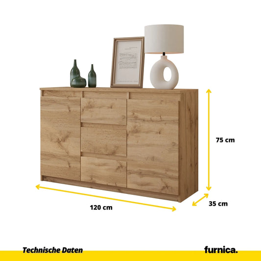 MIKEL - Kommode / Sideboard mit 3 Schubladen und 2 Türen - Wotan Eiche H75cm B120cm T35cm – Furnica