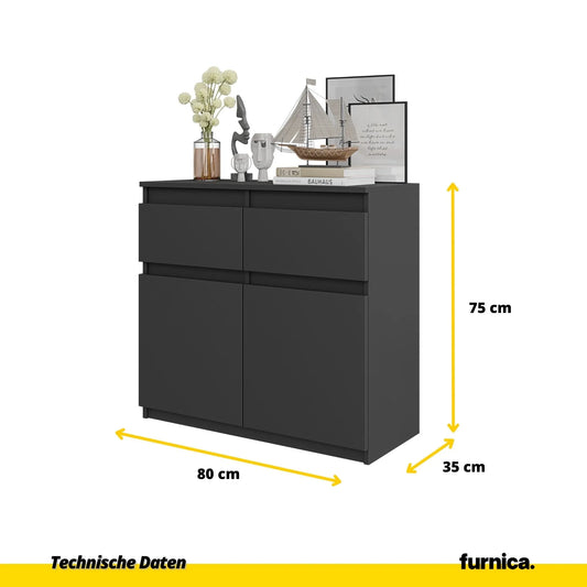 NOAH - Kommode / Sideboard mit 2 Schubladen und 2 Türen - Anthrazit Grau H75cm B80cm T35cm – Furnica