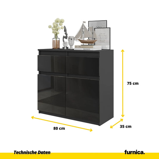 NOAH - Kommode / Sideboard mit 2 Schubladen und 2 Türen - Anthrazit Grau / Schwarz Gloss H75cm B80cm T35cm – Furnica