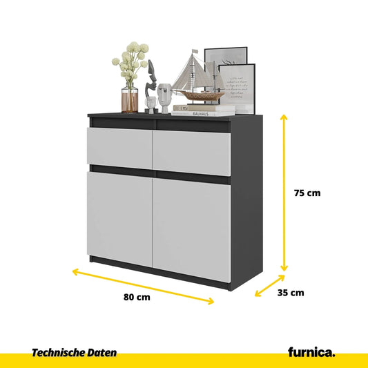 NOAH - Kommode / Sideboard mit 2 Schubladen und 2 Türen - Anthrazit Grau / Weiß Matt H75cm B80cm T35cm – Furnica
