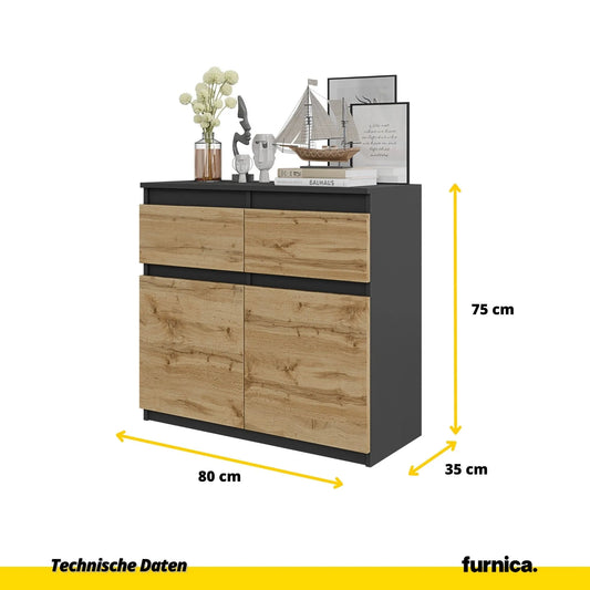 NOAH - Kommode / Sideboard mit 2 Schubladen und 2 Türen - Anthrazit Grau / Wotan Eiche H75cm B80cm T35cm – Furnica