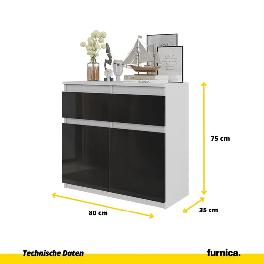 NOAH - Kommode / Sideboard mit 2 Schubladen und 2 Türen - Weiß Matt / Schwarz Gloss H75cm B80cm T35cm – Furnica