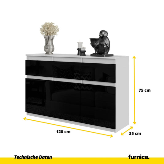 NOAH - Kommode / Sideboard mit 3 Schubladen und 3 Türen - Weiß Matt / Schwarz Gloss H75cm B120cm T35cm – Furnica