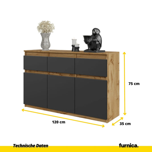 NOAH - Kommode / Sideboard mit 3 Schubladen und 3 Türen - Wotan Eiche / Anthrazit Grau H75cm B120cm T35cm – Furnica