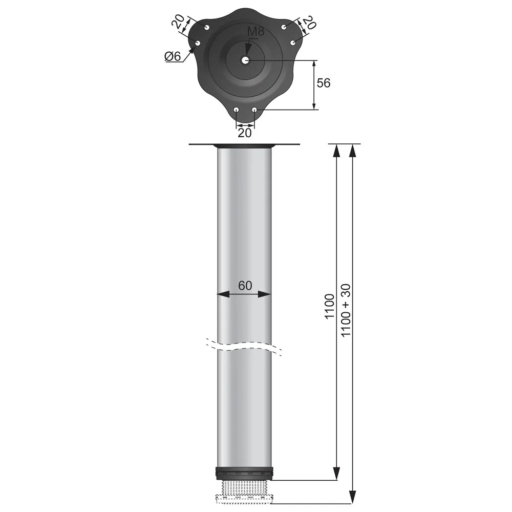Tischbein 110 cm hoch - Stahl montageplatte - Aluminium – Furnica