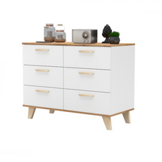INGRID - Skandinavisch Kommode / Sideboard  mit 6 Schubladen - Weiß Matt / Wotan Eiche H75cm B100cm T45cm
