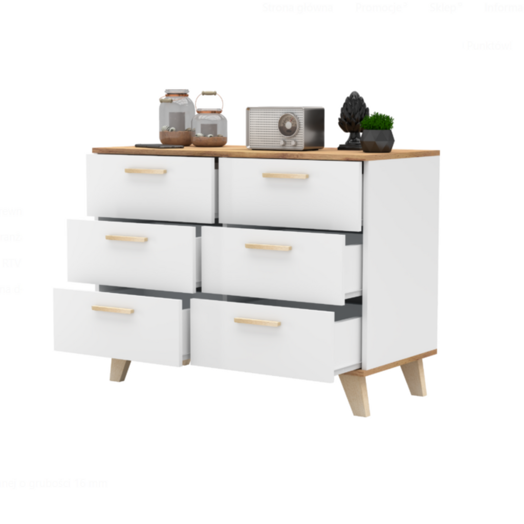 INGRID - Skandinavisch Kommode / Sideboard  mit 6 Schubladen - Weiß Matt / Wotan Eiche H75cm B100cm T45cm