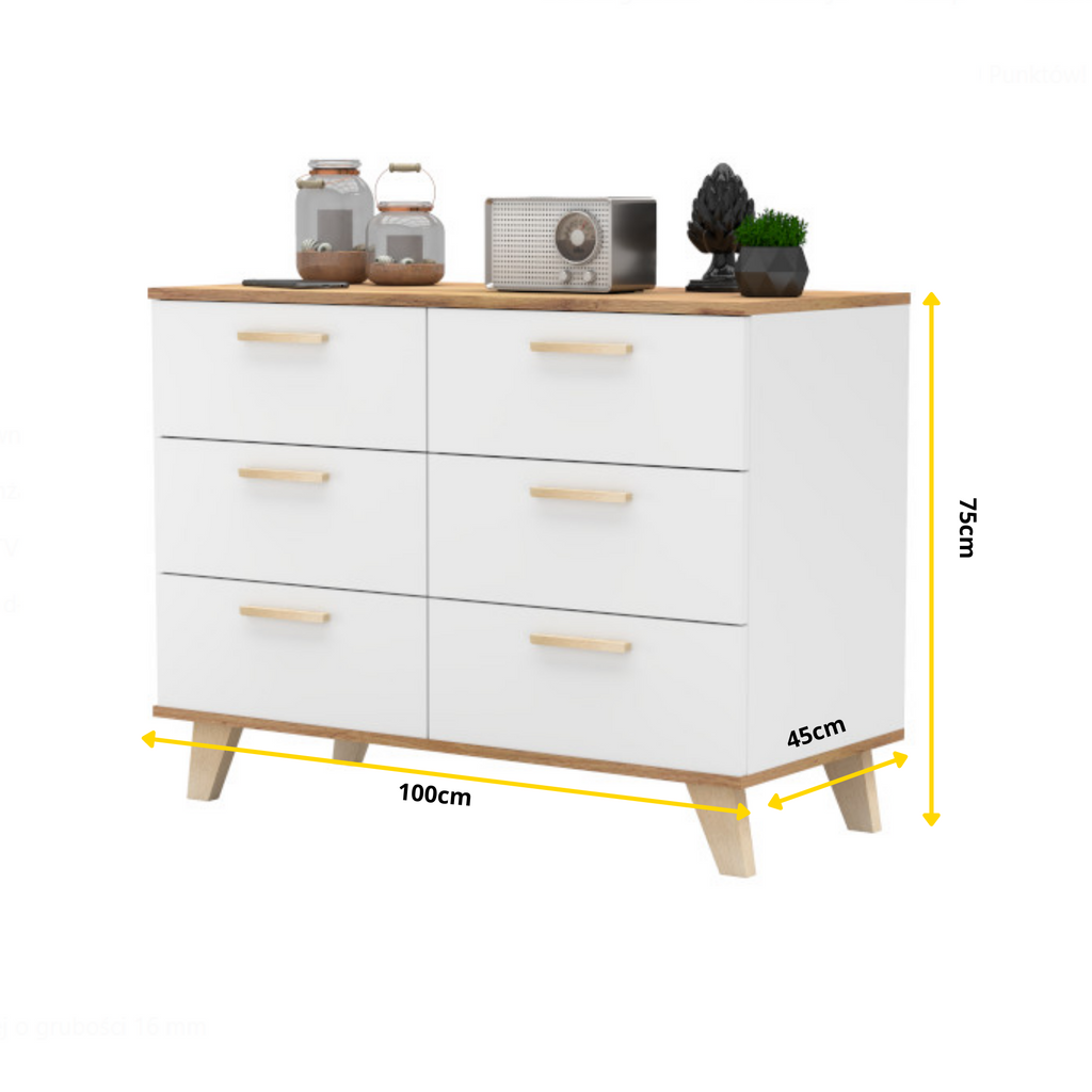 INGRID - Skandinavisch Kommode / Sideboard  mit 6 Schubladen - Weiß Matt / Wotan Eiche H75cm B100cm T45cm