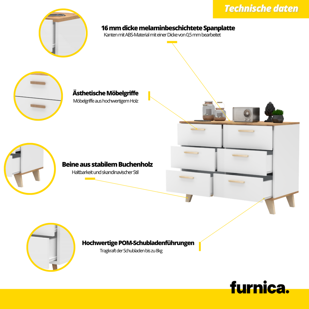 INGRID - Skandinavisch Kommode / Sideboard  mit 6 Schubladen - Weiß Matt / Wotan Eiche H75cm B100cm T45cm