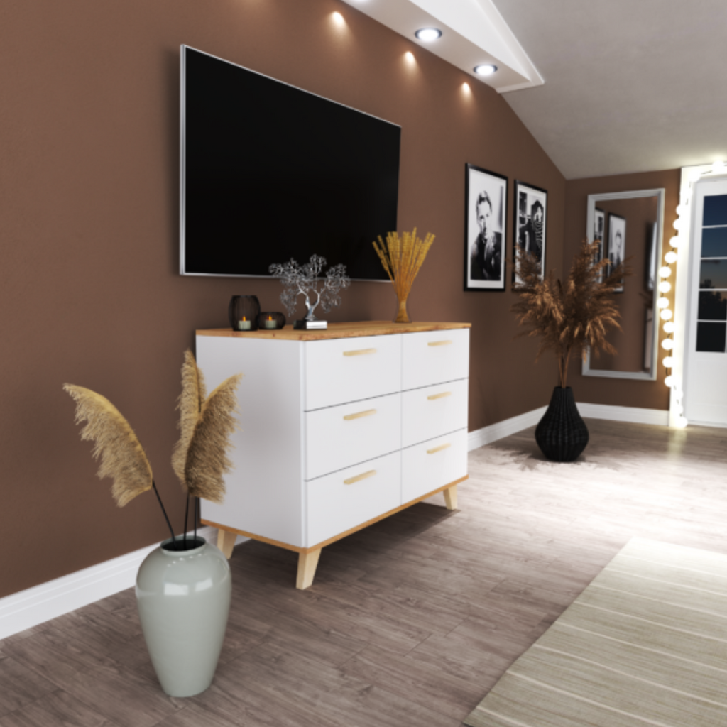 INGRID - Skandinavisch Kommode / Sideboard  mit 6 Schubladen - Weiß Matt / Wotan Eiche H75cm B100cm T45cm
