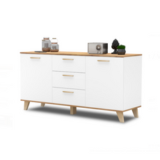 INGRID - Skandinavisch Kommode / Sideboard mit 3 Schubladen, 2 Türen - Weiß Matt / Wotan Eiche H75cm B150cm T45cm