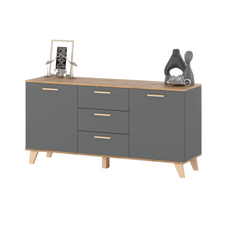 INGRID - Skandinavisch Kommode / Sideboard mit 3 Schubladen, 2 Türen - Anthrazit Grau / Wotan Eiche H75cm B150cm T45cm