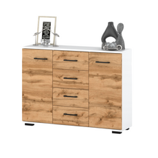 MARK - Kommode / Sideboard mit 4 Schubladen und 2 Türen - Weiß Matt / Wotan Eiche H85cm B120cm T35cm