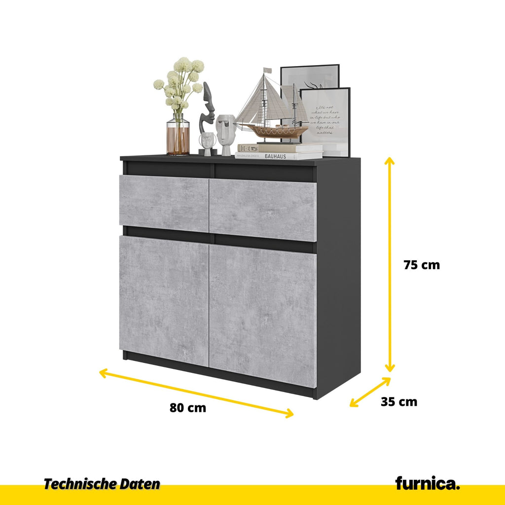 NOAH - Kommode / Sideboard mit 2 Schubladen und 2 Türen - Anthrazit Grau / Beton-Optik H75cm B80cm T35cm