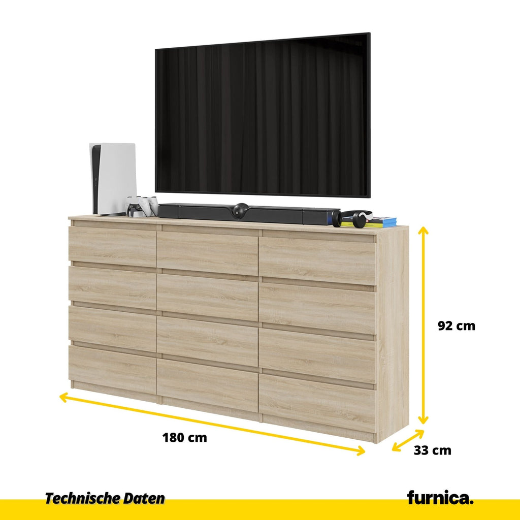 GABRIEL - Kommode / Sideboard mit 12 Schubladen (8+4) - Sonoma Eiche H92cm B180cm T33cm
