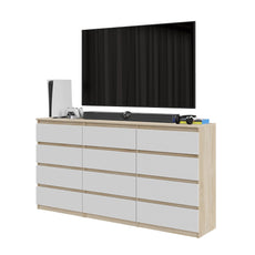 GABRIEL - Kommode / Sideboard mit 12 Schubladen (8+4) - Sonoma Eiche / Weiß Matt H92cm B180cm T33cm