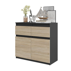 NOAH - Kommode / Sideboard mit 2 Schubladen und 2 Türen - Anthrazit Grau / Sonoma Eiche H75cm B80cm T35cm