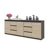 MIKEL - Kommode / Sideboard mit 6 Schubladen und 3 Tür - Anthrazit / Sonoma Eiche H75cm B80cm T35cm