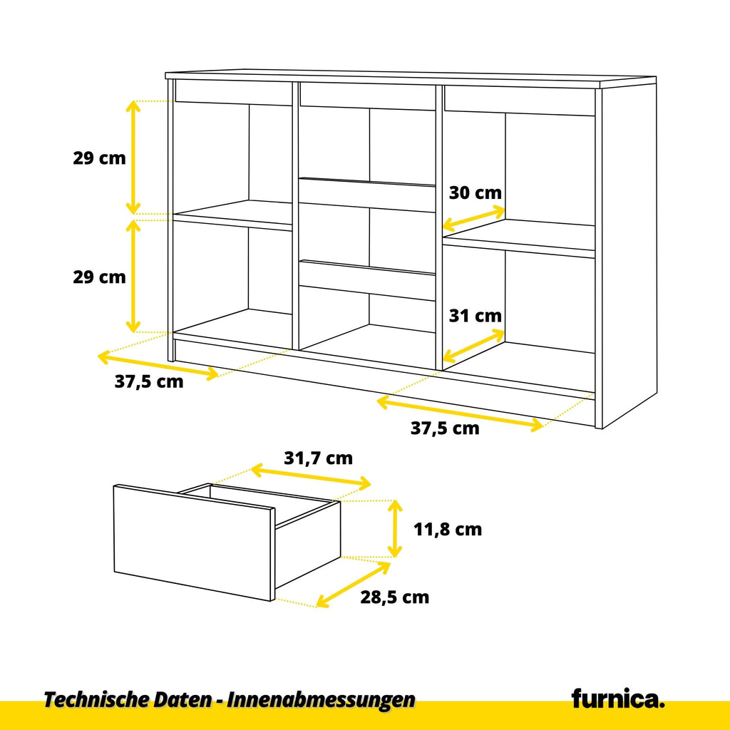 MIKEL - Kommode / Sideboard mit 3 Schubladen und 2 Türen - Beton-Optik / Schwarz Gloss H75cm B120cm T35cm