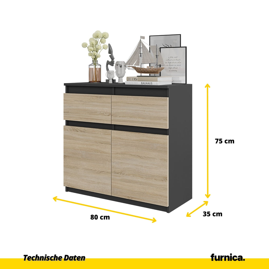 NOAH - Kommode / Sideboard mit 2 Schubladen und 2 Türen - Anthrazit Grau / Sonoma Eiche H75cm B80cm T35cm