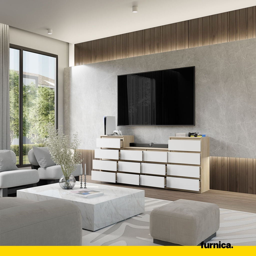 GABRIEL - Kommode / Sideboard mit 14 Schubladen (4+6+4) - Sonoma Eiche / Weiß Matt H92/70cm B220cm T33cm