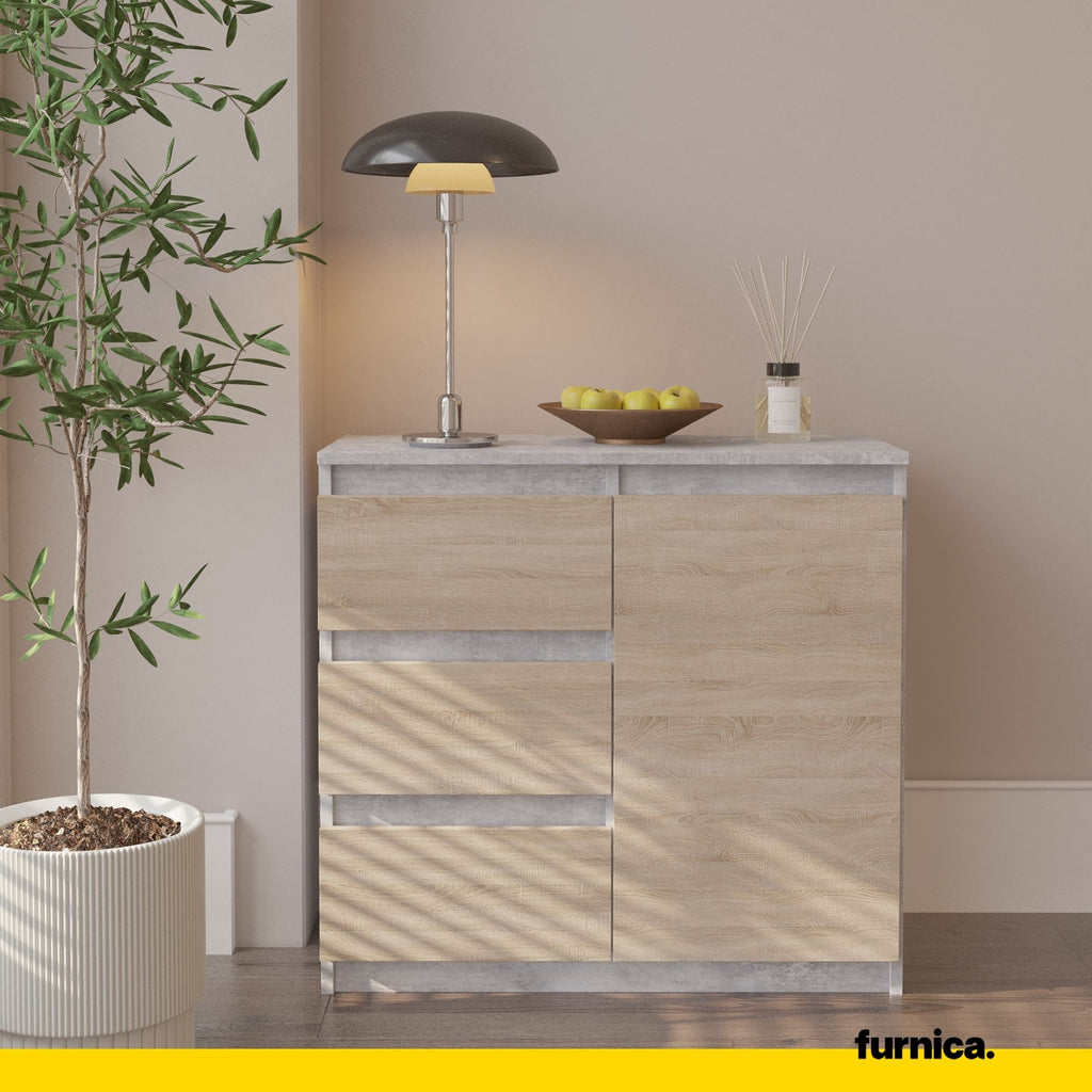 MIKEL - Kommode / Sideboard mit 3 Schubladen und 1 Tür - Beton-Optik / Sonoma Eiche H75cm B80cm T35cm