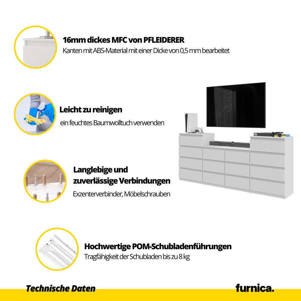 GABRIEL - Kommode / Sideboard mit 14 Schubladen (4+6+4) - Schwarz Matt / Wotan Eiche H92/70cm B220cm T33cm