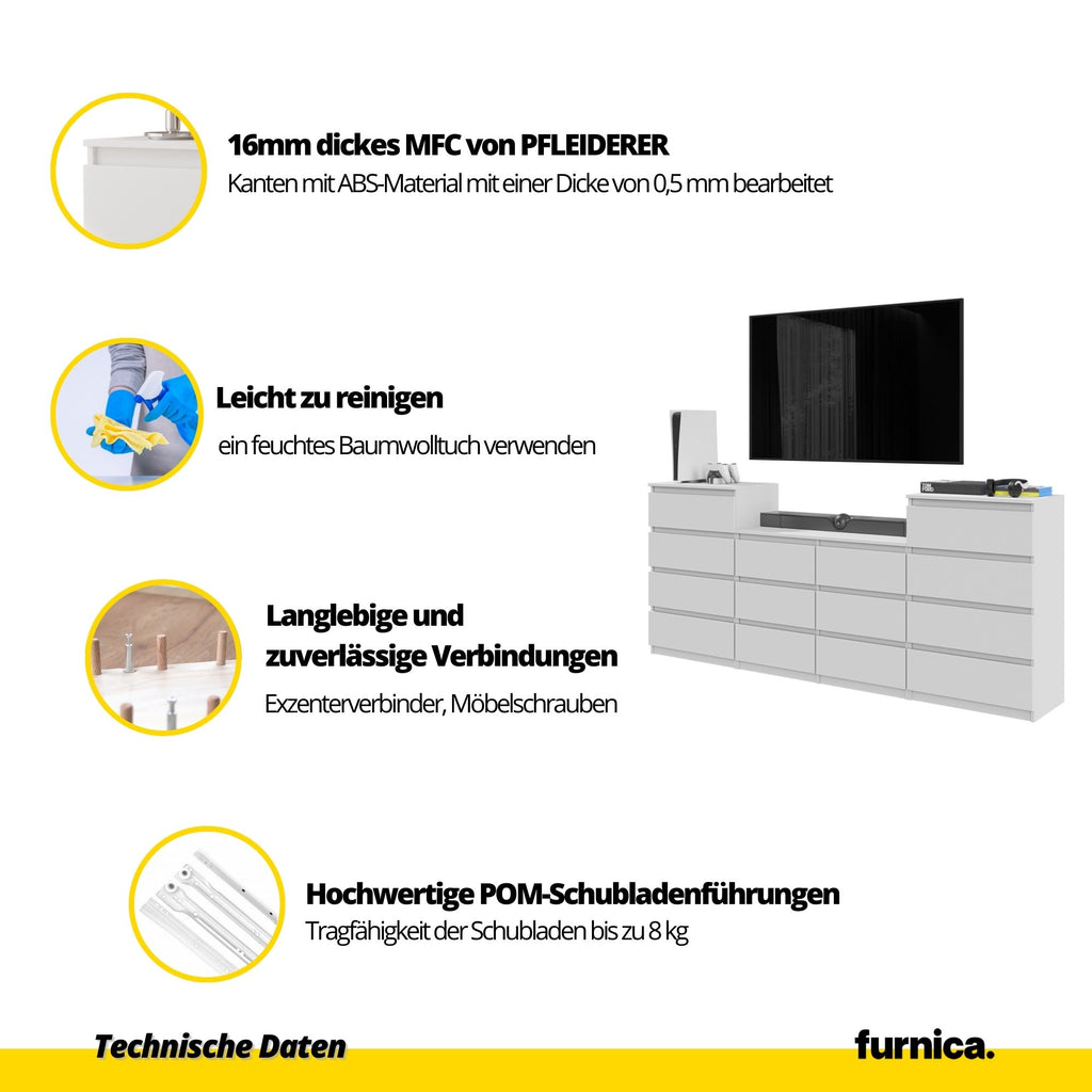 GABRIEL - Kommode / Sideboard mit 14 Schubladen (4+6+4) - Schwarz Matt H92/70cm B220cm T33cm