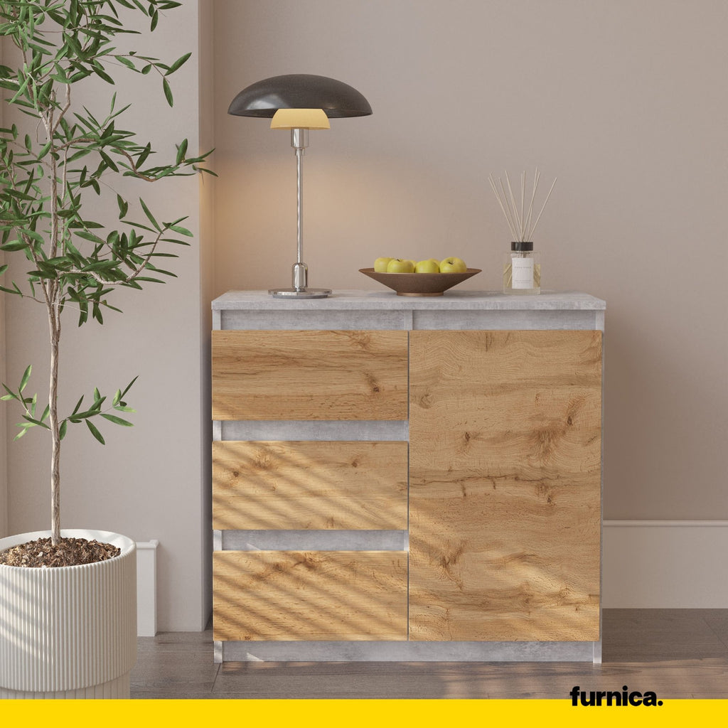 MIKEL - Kommode / Sideboard mit 3 Schubladen und 1 Tür - Beton-Optik / Wotan Eiche H75cm B80cm T35cm