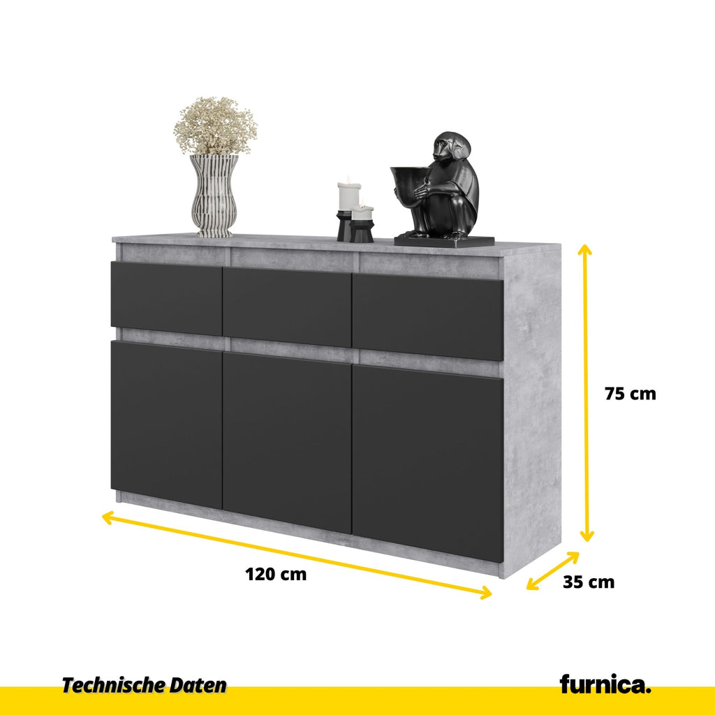 NOAH - Kommode / Sideboard mit 3 Schubladen und 3 Türen - Beton-Optik / Anthrazit Grau H75cm B120cm T35cm