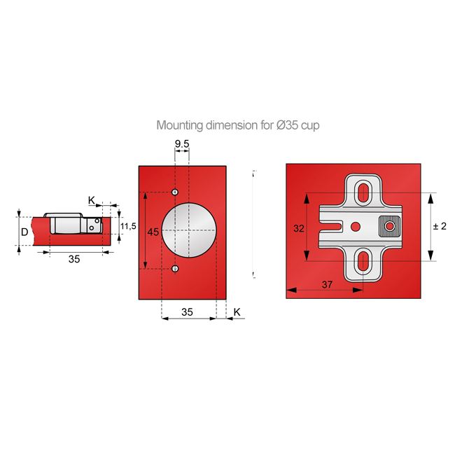 135º Scharnier Topfband, H2 Montageplatte mit EURO Schrauben für Ecktüren