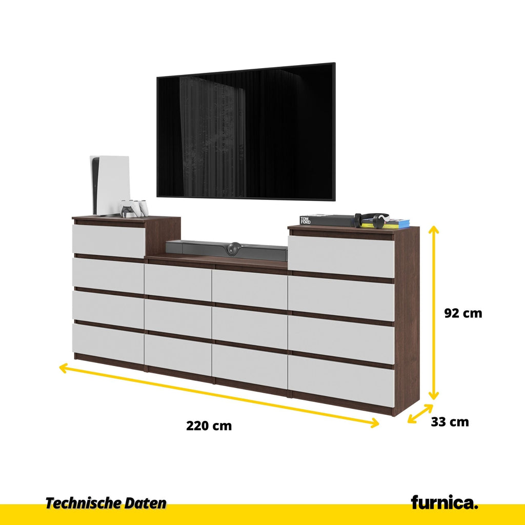 GABRIEL - Kommode / Sideboard mit 14 Schubladen (4+6+4) - Wenge / Weiß Matt H92/70cm B220cm T33cm