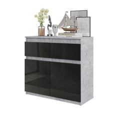 NOAH - Kommode / Sideboard mit 2 Schubladen und 2 Türen - Beton-Optik  / Schwarz Gloss H75cm B80cm T35cm