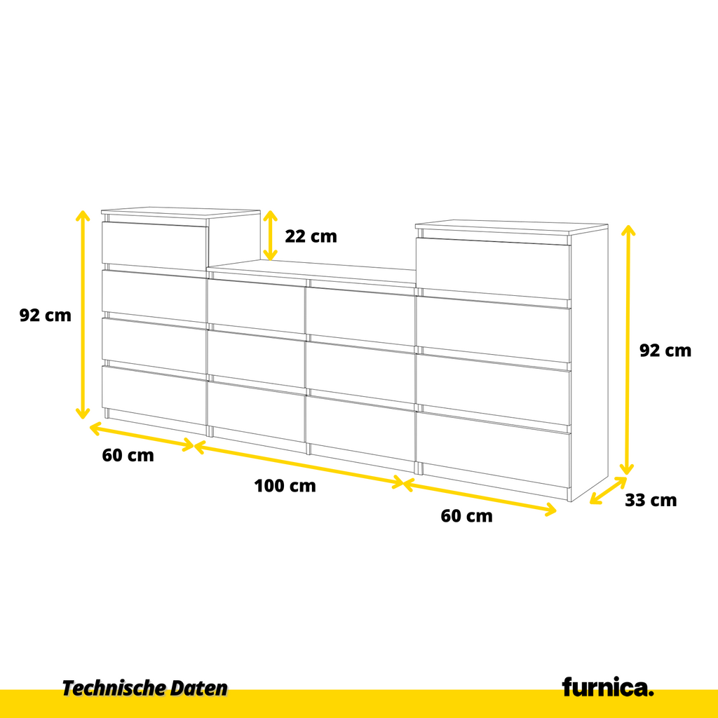 GABRIEL - Kommode / Sideboard mit 14 Schubladen (4+6+4) - Schwarz Matt / Wotan Eiche H92/70cm B220cm T33cm