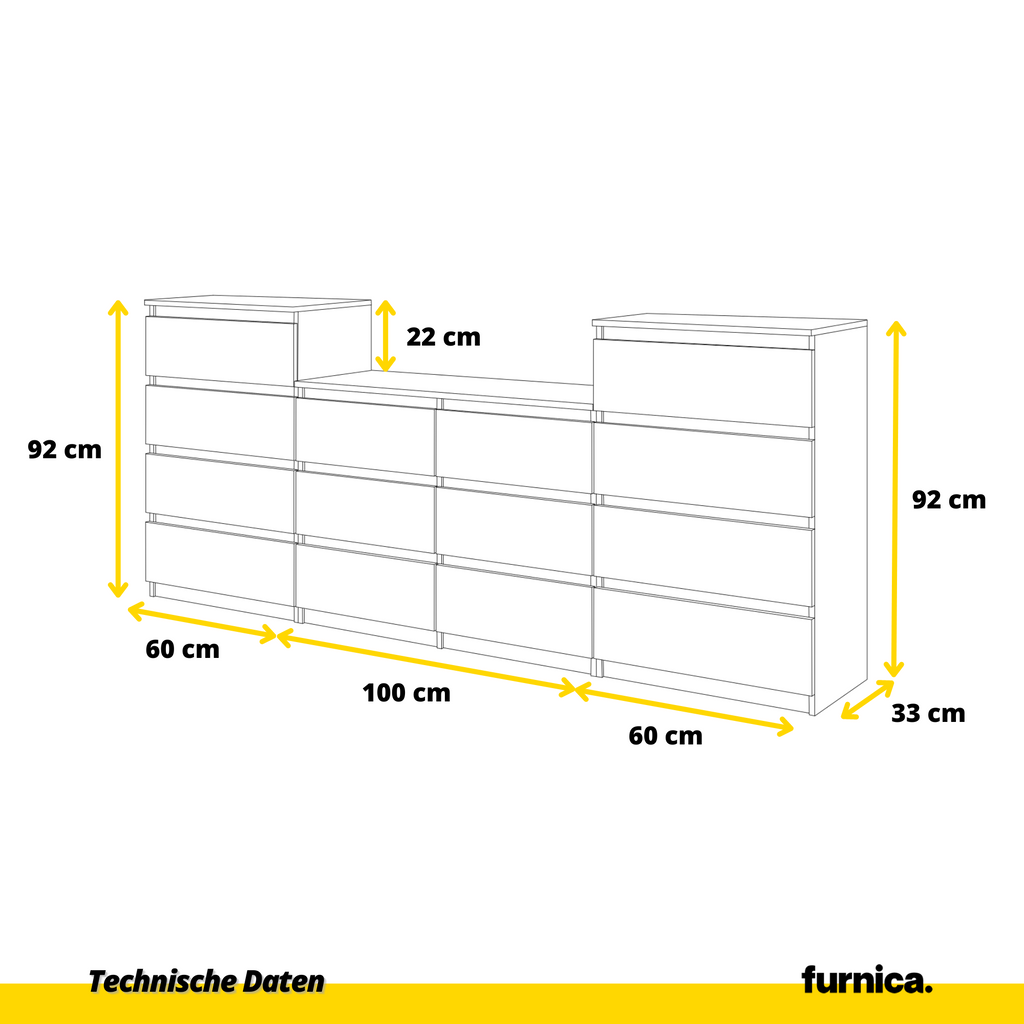 GABRIEL - Kommode / Sideboard mit 14 Schubladen (4+6+4) - Sonoma Eiche / Schwarz Gloss H92/70cm B220cm T33cm