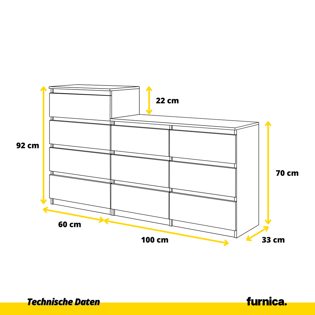GABRIEL - Kommode / Sideboard mit 10 Schubladen (6+4) - Weiß Matt / Beton-Optik H92/70cm B160cm T33cm